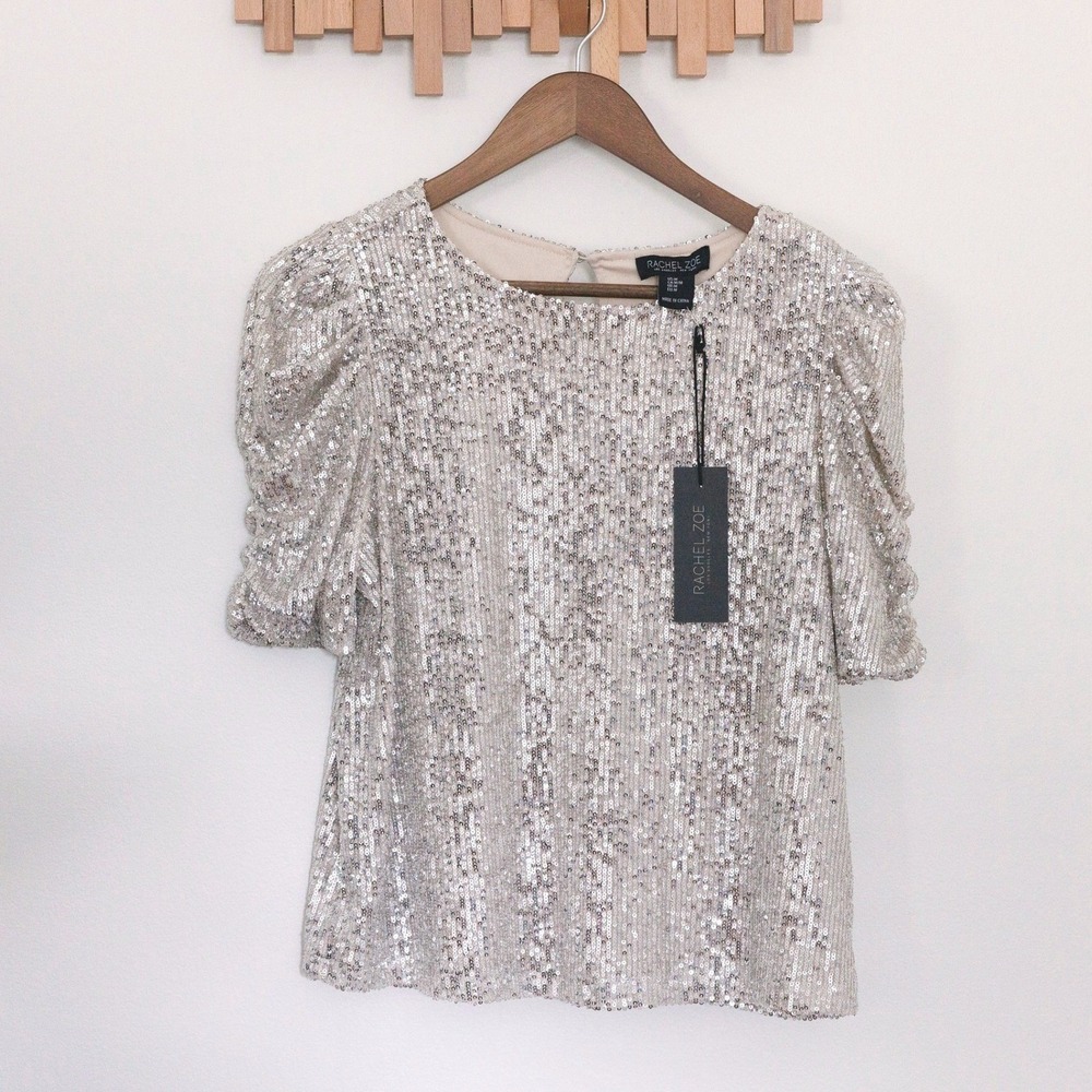 Rachel Zoe Silver Sequin Puff Sleeve Top Silver Shimmer Blouse Medium NWT